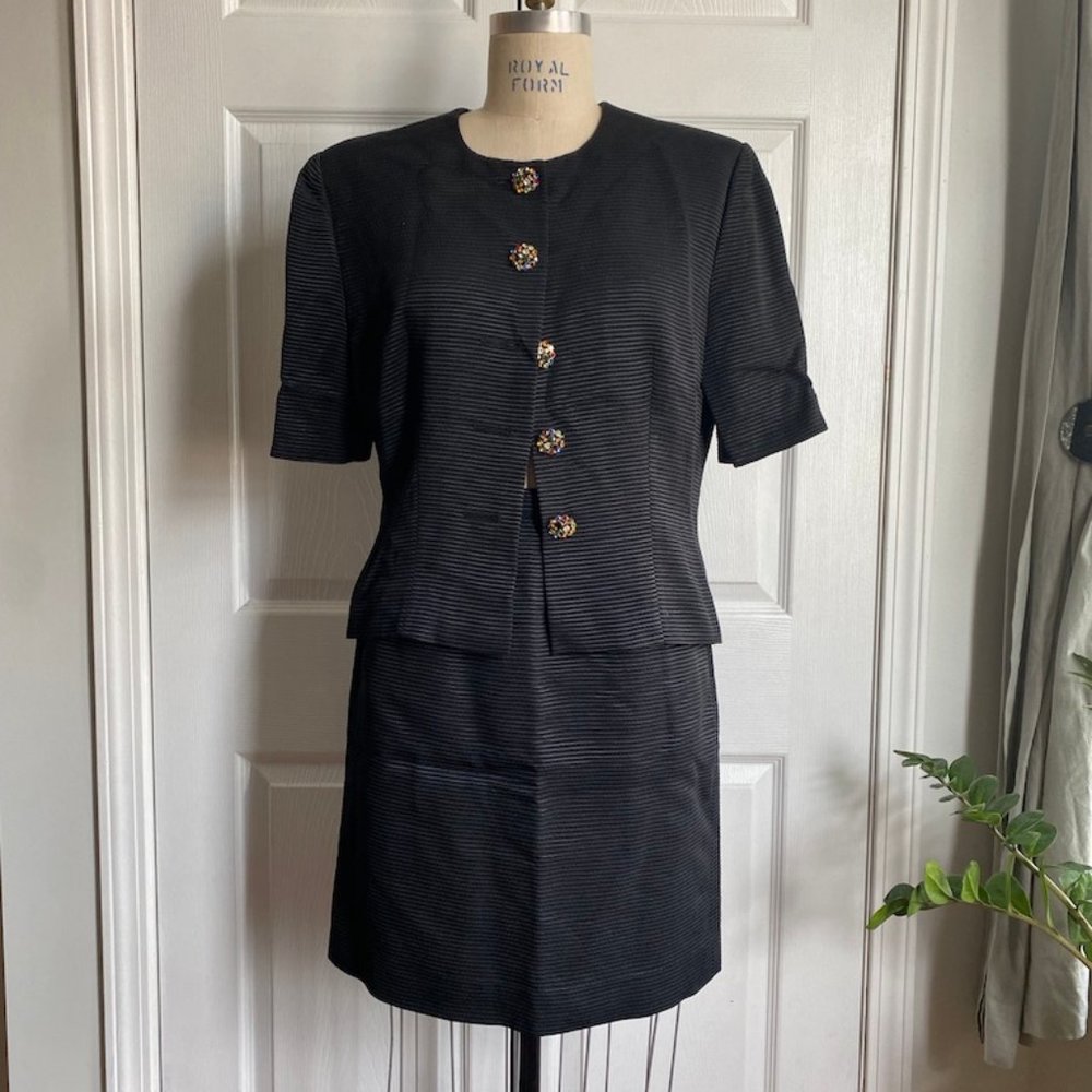 Vintage Celine Paris Skirt Suit Textured Cotton Black Blazer Sz 42 Jewel Buttons